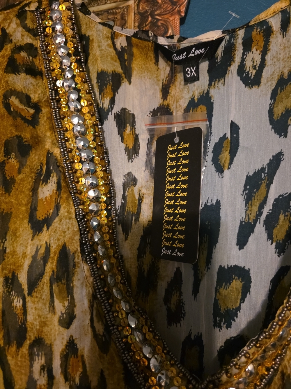 Love Women's Beaded V-Neck Leopard Print Top in Mustard and Black